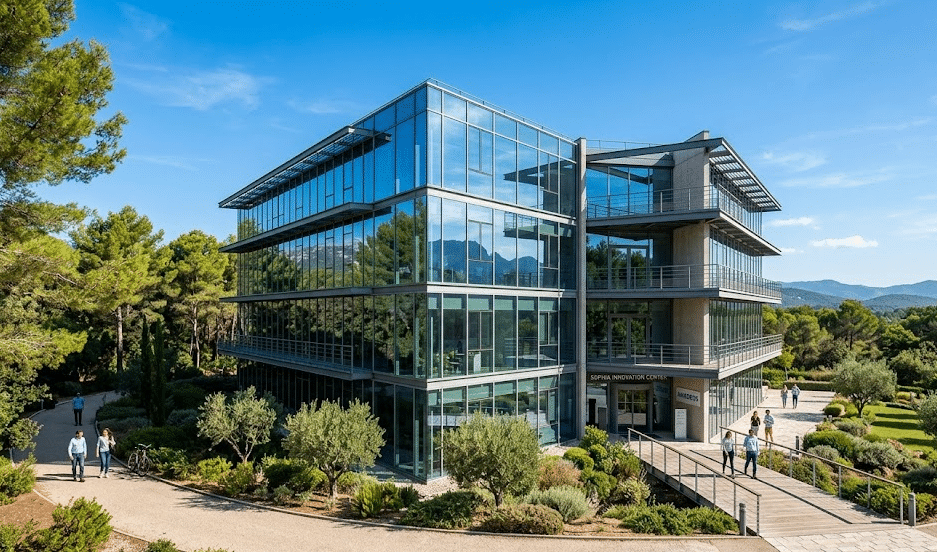 Immeuble de bureaux moderne en verre à Sophia Antipolis entouré de pins, investissement immobilier locatif dans une technopole innovante