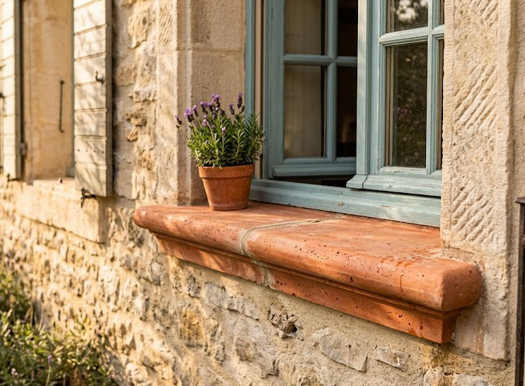 Gros plan sur un appui de fenêtre en terre cuite traditionnelle posé sur une façade en pierres du Luberon, avec fenêtre en bois et pot de lavande.
