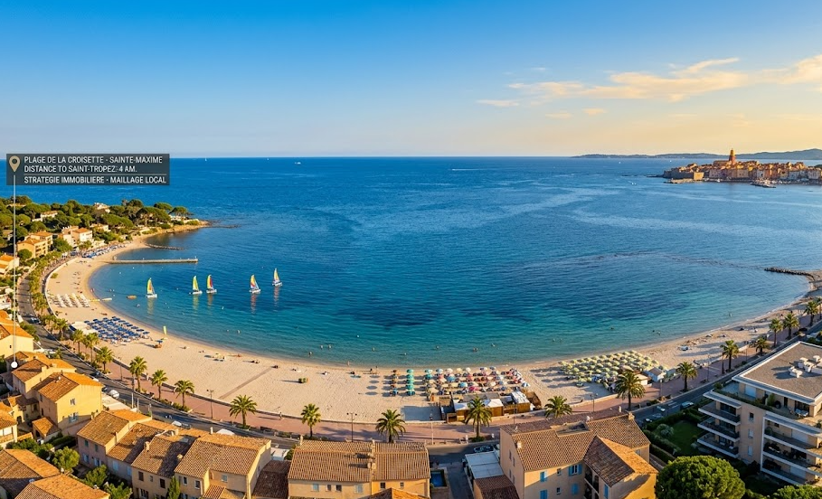 Plage de Sainte Maxime avec vur sur Saint Tropez