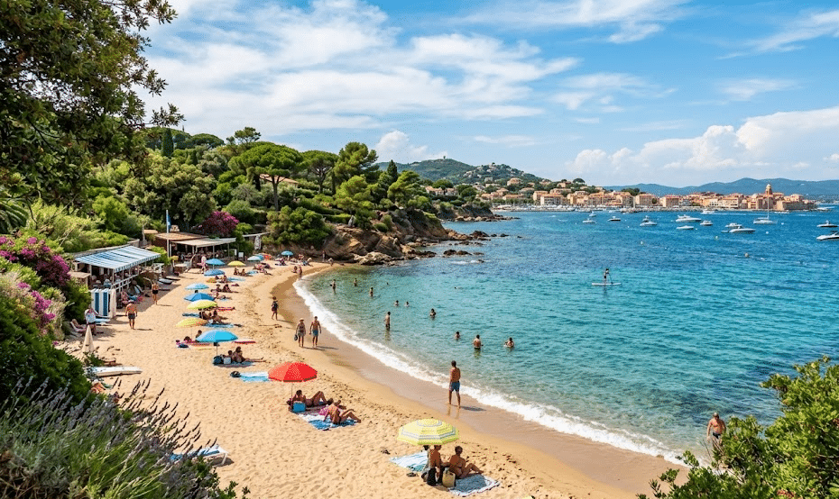 Vue aérienne de la plage de la Madrague à Sainte-Maxime, montrant une anse de sable fin bordée d'une eau turquoise et de pins parasols, avec des baigneurs et la ville au loin.