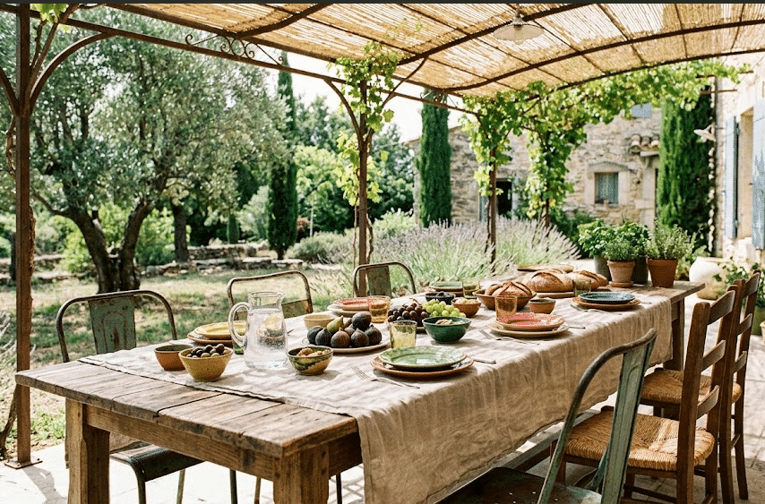 une table de repas en extérieur dans l'esprit de l'art de vivre du Sud