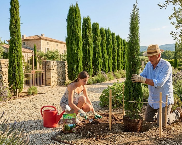Jardinier plantant un jeune cyprès de Provence le long d'une allée de bastide provençale
