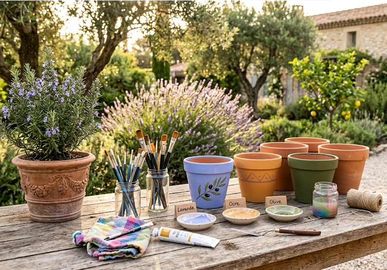 atelier de peinture en extérieur sur une table en bois, montrant des pots en terre cuite aux couleurs pastel (bleu lavande, ocre, vert olive) à côté de pinceaux et d'une plante méditerranéenne.